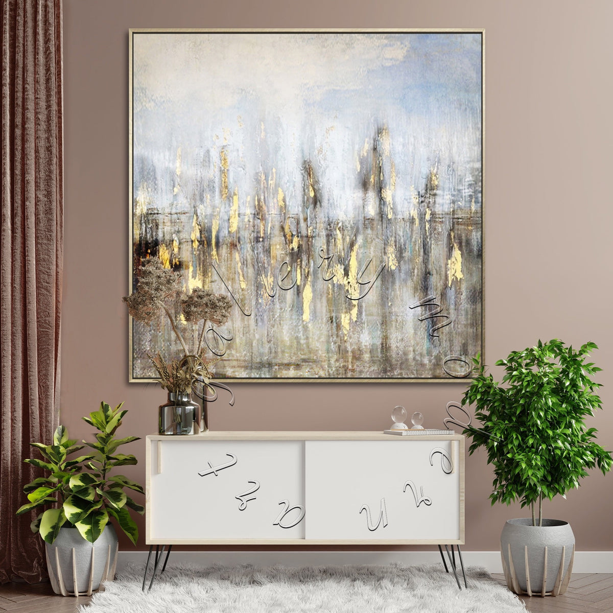 &quot;Gold reflection&quot; Abstract Original Canvas Painting, Gold Leaf Square Canvas Soft Wall Art