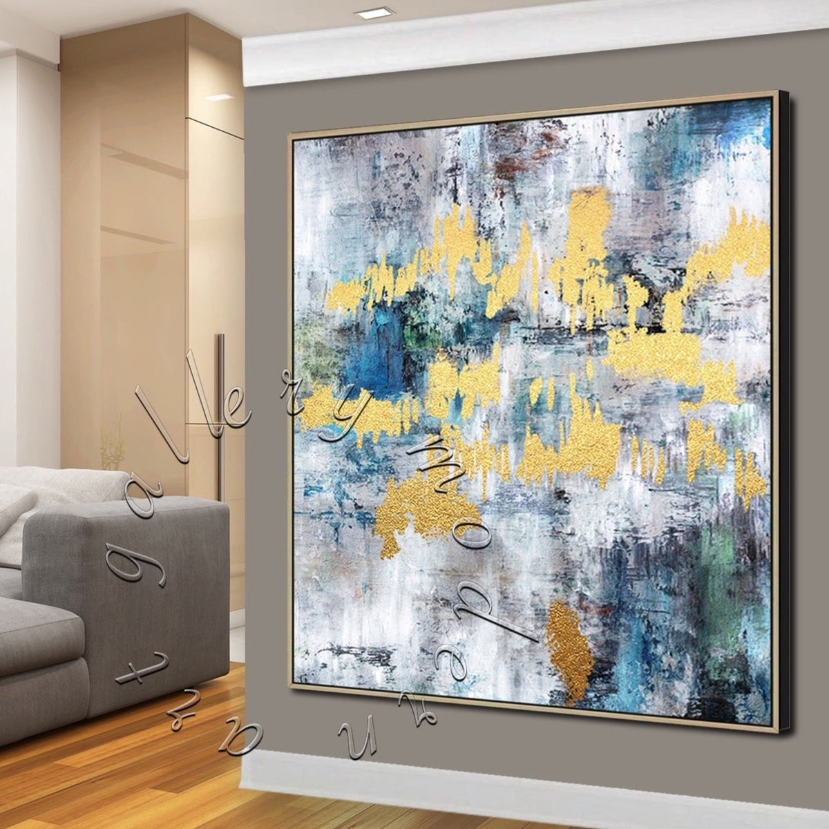 Gold Abstract Painting, Blue, Black and Gold Large Wall Art