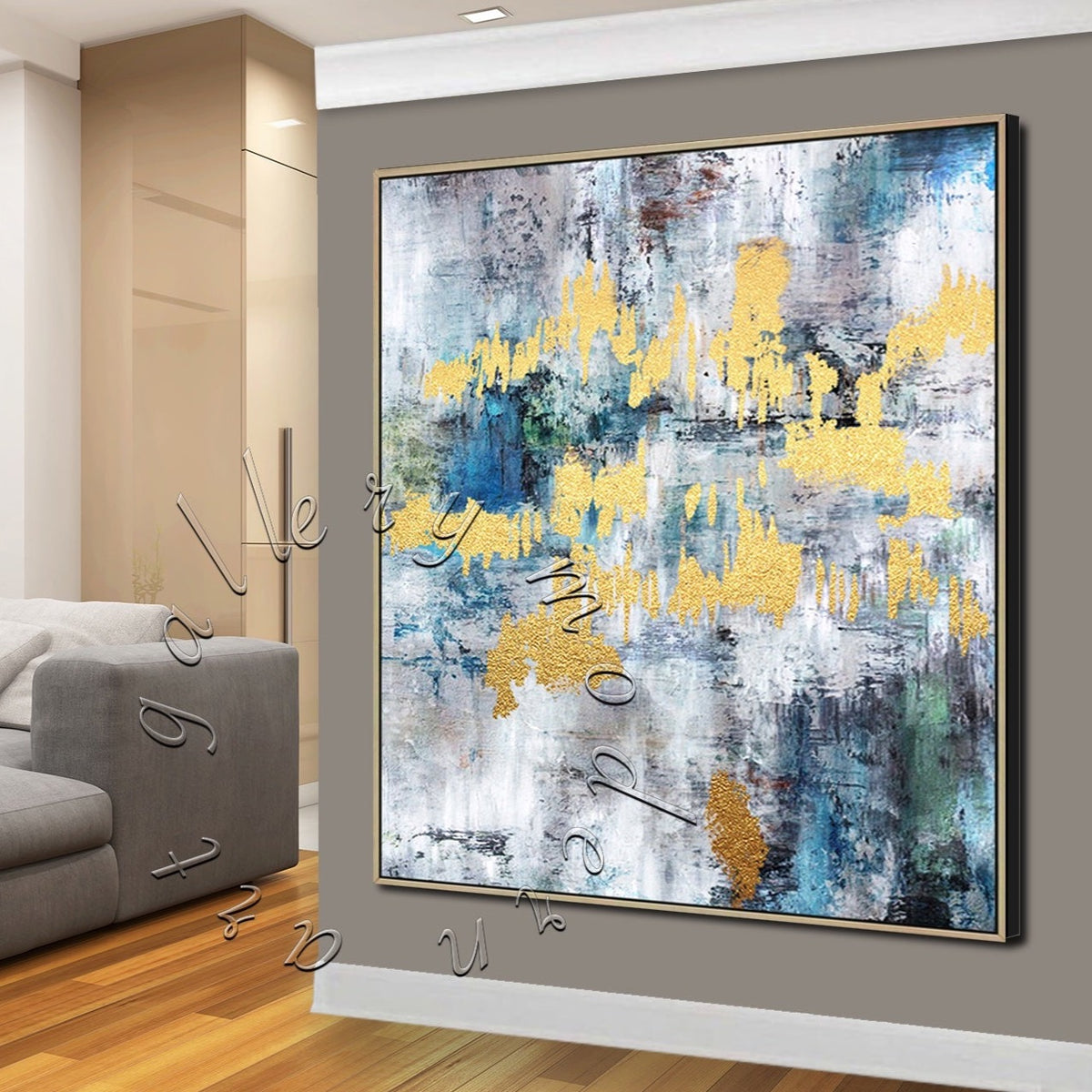 Gold Leaf Original Abstract Painting, Square Wall Art, Blue, Gray and Gold