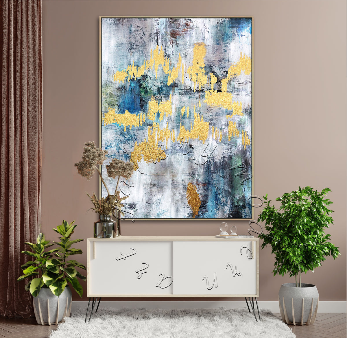 Gold Abstract Painting, Blue, Black and Gold Large Wall Art