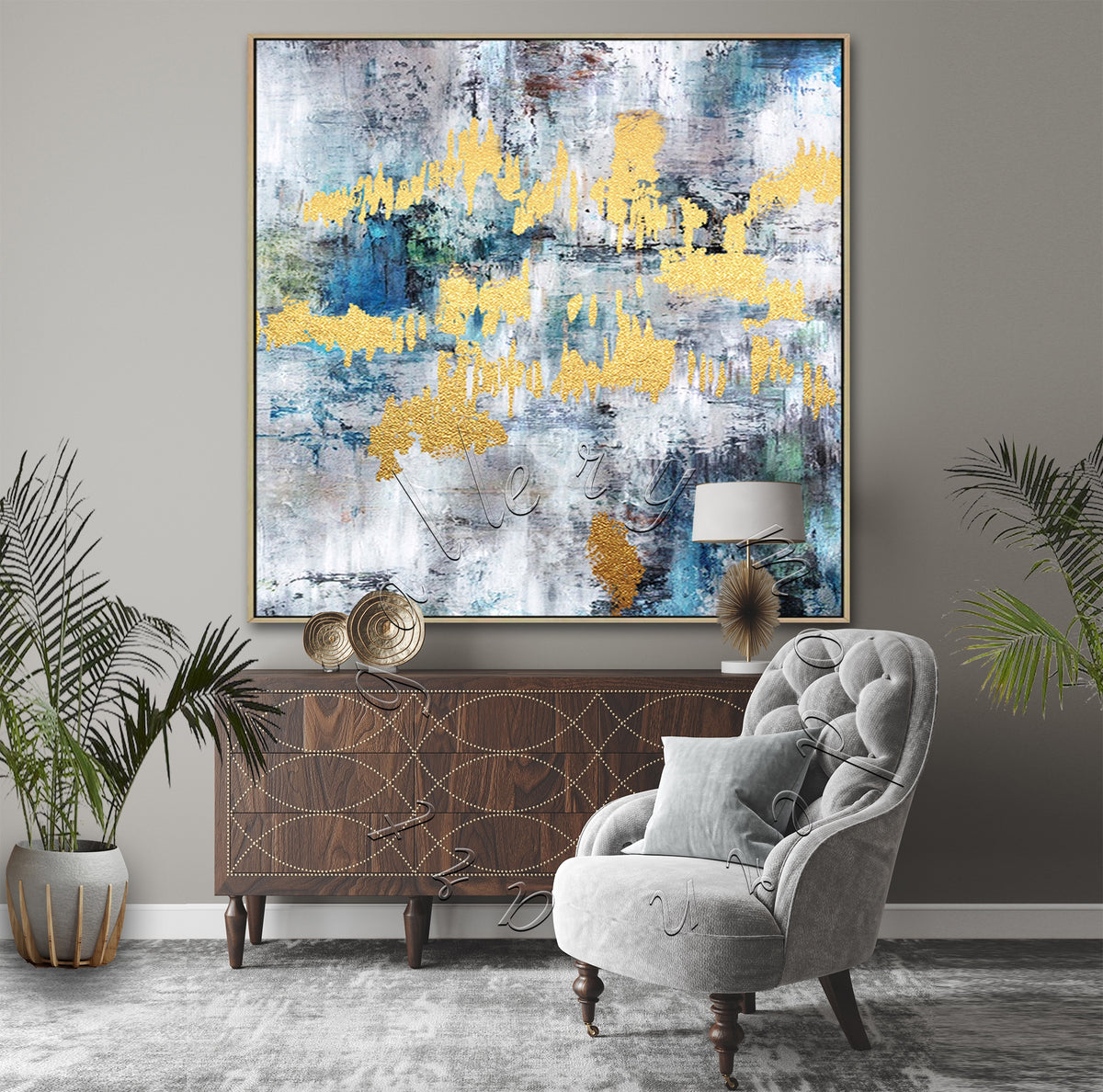 Gold Leaf Original Abstract Painting, Square Wall Art, Blue, Gray and Gold