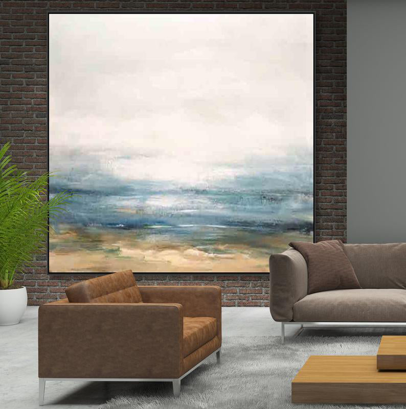 Seascape Abstract Painting on Canvas, Square Soft Ocean Canvas Art