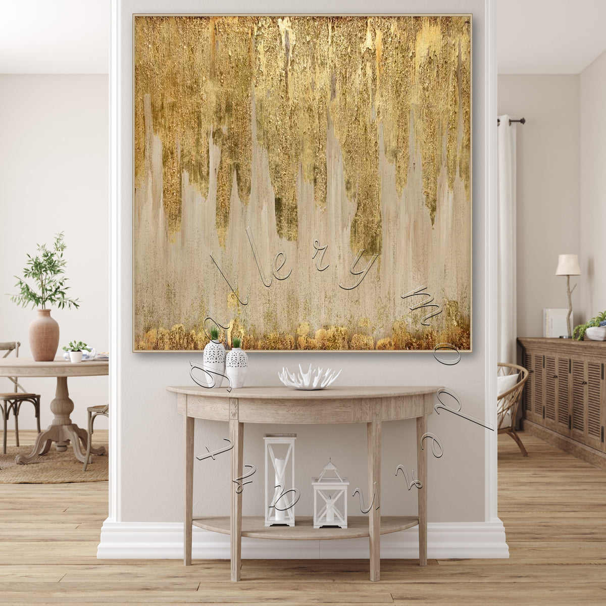 Gold Abstract Canvas Painting, Original Gold Leaf Elegant Square Wall Art