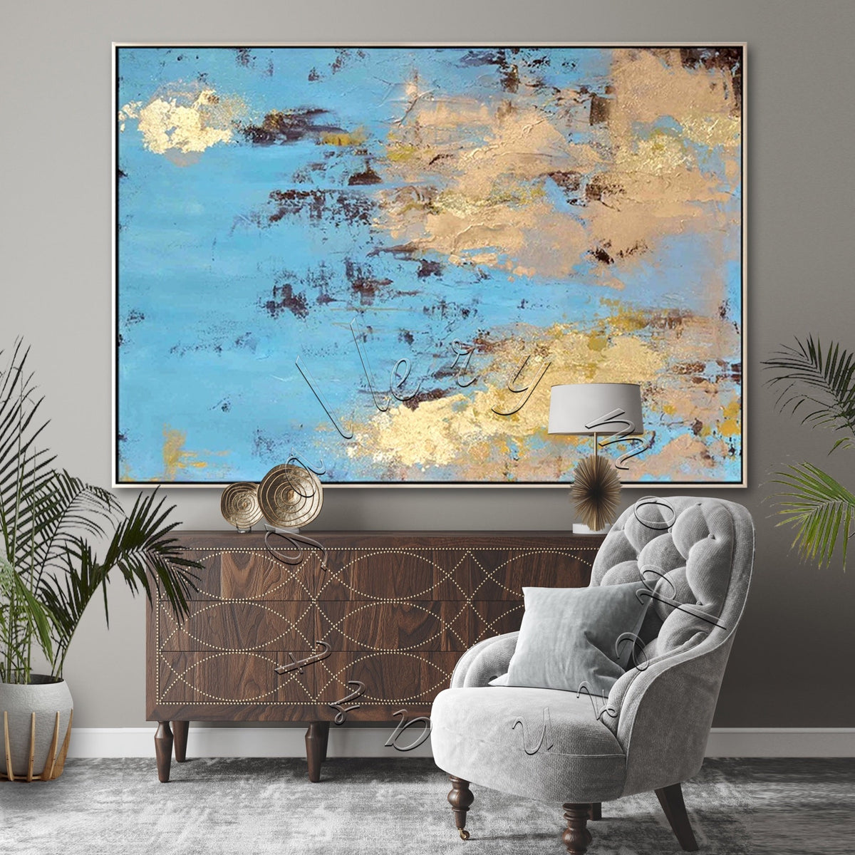 Gold Leaf &amp; Blue Abstract Original Painting, Modern Gold Wall Art