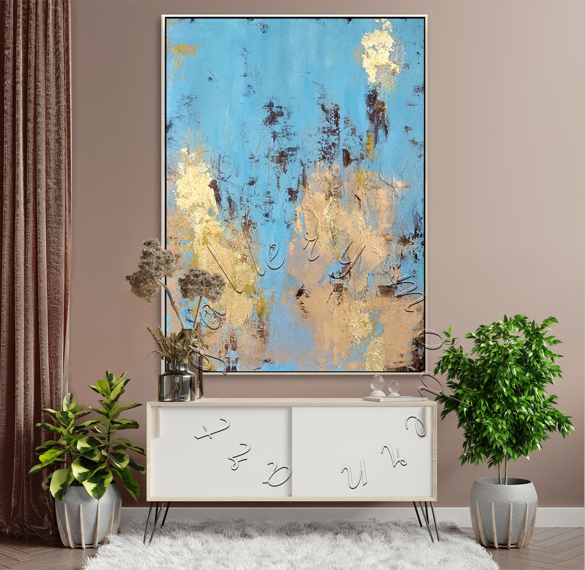 Gold Leaf &amp; Blue Abstract Original Painting, Modern Gold Wall Art