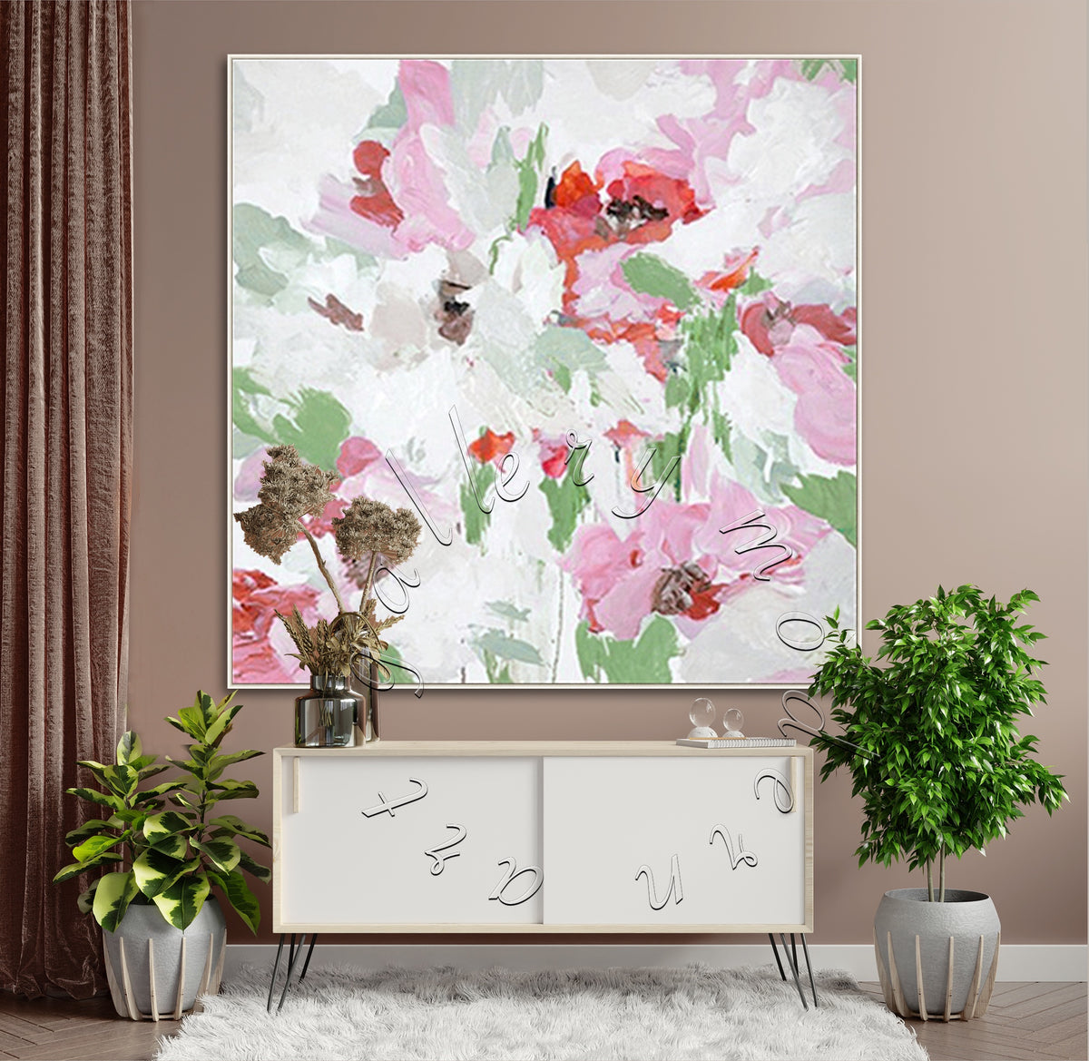 Abstract Original Painting, Soft Abstract Oil on Canvas, Square Wall Art &quot;Pink Flowers&quot;